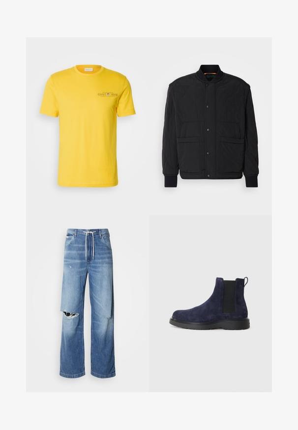 Svart quiltet jakke med ribbet krage, frontlukking med trykknapper og to store lommer. Har en glatt tekstur og polstret design.; Gul bomull t-skjorte med rund hals, korte ermer og trykt logo på venstre bryst, med en jevn tekstur og uformelt design.; Lyseblå denimjeans med løs passform, tydelig hvit snøring i livet, og distinkte rifter foran med frynset kant.; Navy suede Chelsea-stølett med elastiske sidepaneler og en pull-tab. Svart gummisåle med teksturert overflate for grep og holdbarhet.