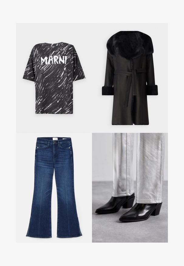 Musta takki, jossa on leveä keinoturkiskollar, tekstuurilla varustetut hihansuut ja vyö vyötäröllä. Liukas materiaali, suora siluetti ja avoin etuosa.; Mustat puuvillasta valmistetut ylisuuret t-paidat, joissa on valkoisia viiruja ja selässä näyttävästi esillä oleva "MARNI"-logo. Lyhyet hihat ja pyöreä kaulus.; Tummansiniset leveälahkeiset farkut, jotka on valmistettu denimmateriaalista. Ominaisuuksiin kuuluu korkea vyötärö, etupocketit ja halkiokohdat helman kohdalla. Klassinen viiden taskun muotoilu.; Mustat nahkaiset nilkkakengät, joissa on terävä kärki ja lohkare korko, yhdistettyinä kiiltävien hopeisten housujen kanssa, tuoden esiin tyylikkäitä tekstuureja ja kontrastoivia värejä.