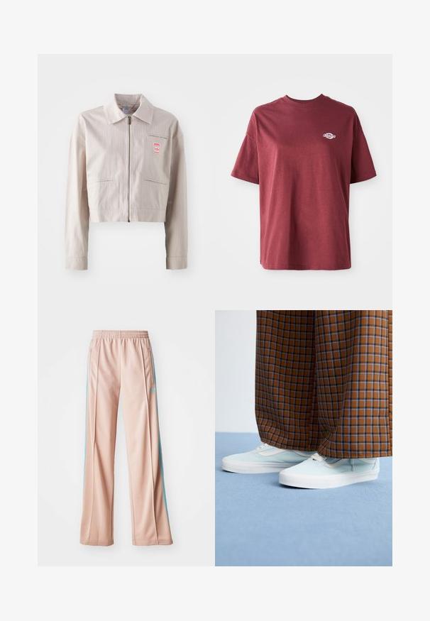 Κοντό μπεζ μπουφάν από λεία ύφασμα, με κολάρο, μπροστινό φερμουάρ και μια μικρή κόκκινη ετικέτα στο στήθος. Ορατές κάθετες ραβδώσεις.; Μαρόν βαμβακερό t-shirt με στρογγυλή λαιμόκοψη, κοντά μανίκια και μικρό λευκό λογότυπο στην αριστερή πλευρά του στήθους. Λείο υλικό, άνετη εφαρμογή.; Ανοιχτό ροζ αθλητικά παντελόνια με άνετη εφαρμογή, που διαθέτουν μπλε λωρίδες στο πλάι και ρυθμιζόμενη μέση με κορδόνι. Κατασκευασμένα από λεία, ελαφριά ύφασμα.; Ανοιχτό μπλε αθλητικά παπούτσια συνδυασμένα με καφέ και μπλε καρό παντελόνια σε φαρδύ σχέδιο, πάνω σε ένα ανοιχτό μπλε χαλί.