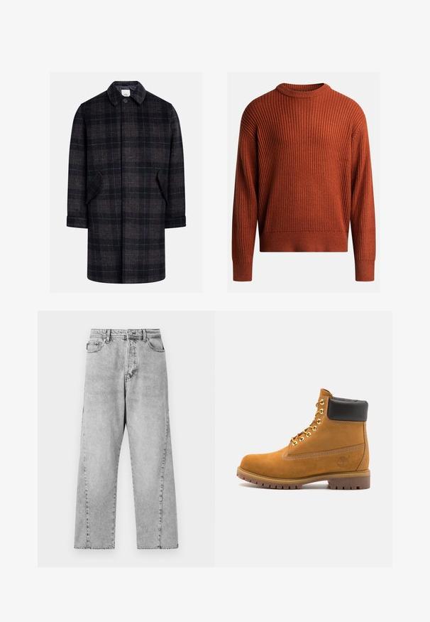 Crni i smeđi karirani kaput s kragnom, prednjim kopčanjem na dugmad, dva bočna džepa i rukavima do lakta. Mekana, teksturirana tkanina.; Pulover s rebrastim pletenjem u izgaranom narančastom s rundastim izrezom i dugim rukavima. Mekana tekstura, ležeran kroj i suptilna rastezljivost.; Sive traperice širokih nogavica s visokim strukom, s klasičnim dizajnom s pet džepova i vidljivim šavnim detaljima.; Antracitne antilop čizme do gležnjeva s crnim podstavljenim ovratnikom, zlatnim metalnim rupicama, bijelim šavovima i robusnom gumenom potplatom s izraženim šarama.
