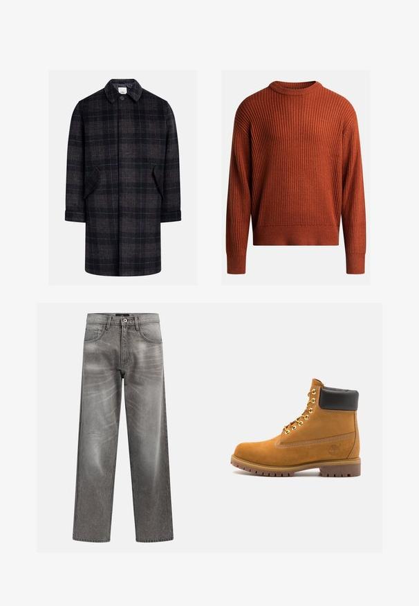 Black and brown plaid coat with a collared neck, front button closure, two side pockets, and elbow-length sleeves. Soft, textured fabric.; Ribbed knit pullover sweater in burnt orange with a round neck and long sleeves. Soft texture, relaxed fit, and subtle stretch detail.; Gray denim wide-leg jeans with a faded finish, classic five-pocket design, and a metal button closure. Textured fabric with subtle wear details.; Tan suede ankle boot with black padded collar, gold metal eyelets, white stitching detailing, and rugged rubber sole with pronounced treads.