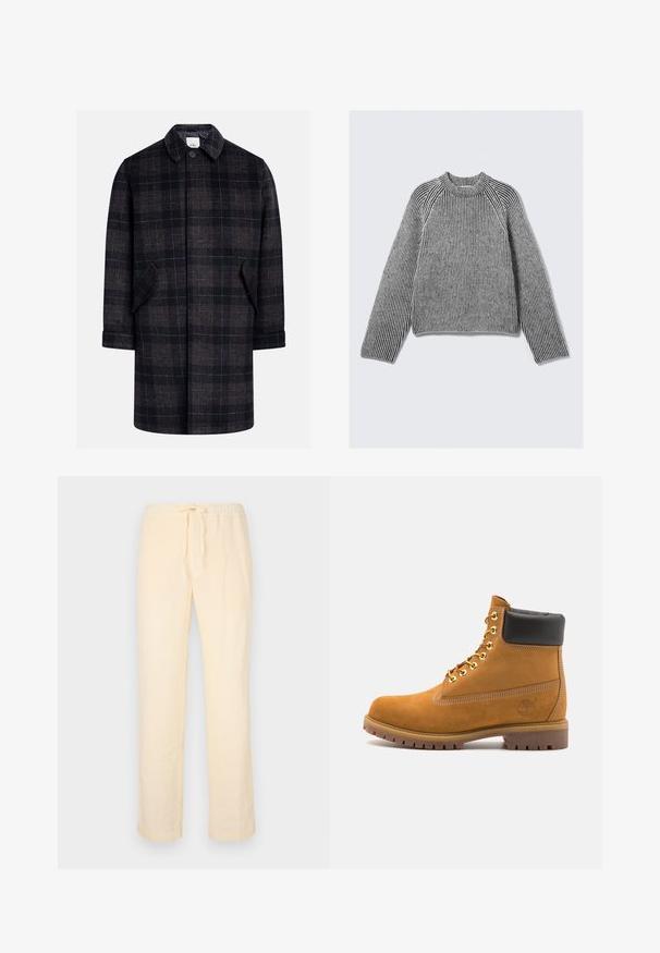 Schwarz-brauner Karo-Mantel mit kragenförmigem Hals, vorderem Knopfverschluss, zwei seitlichen Taschen und ärmellangen Ärmeln. Weicher, strukturierter Stoff.; Langärmliger, gerippter Strickpullover mit schwarz-weißen, vertikalen Streifen und einem hohen, gerippten Kragen, flach auf einem hellen Hintergrund ausgelegt.; Helle, lockere Hosen aus weichem Stoff, mit einem elastischen Bund und Kordelzug sowie geraden Beinen.; Beige Wildleder-Ankle-Boot mit schwarzem gepolstertem Kragen, goldenen Metallösen, weißen Nähdetalben und einer robusten Gummisohle mit ausgeprägtem Profil.
