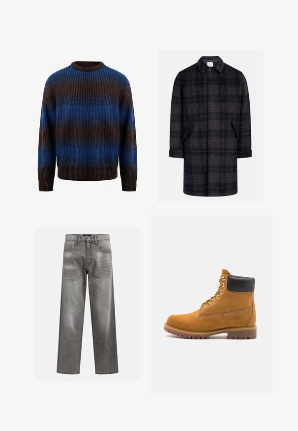 Manteau à carreaux noir et marron avec un col, fermeture à boutons sur le devant, deux poches latérales et des manches jusqu'aux coudes. Tissu doux et texturé.; Pull en tricot marron et bleu avec une texture côtelée, présentant des rayures horizontales et un col rond. Manches longues avec des poignets côtelés.; Jean en denim gris avec une coupe ample, présentant des détails d'effritement et de décoloration, un design classique à cinq poches et une fermeture par bouton.; Bottine en daim beige avec un col rembourré noir, œillets en métal doré, détails de surpiqûres blanches et semelle en caoutchouc robuste avec des crampons prononcés.