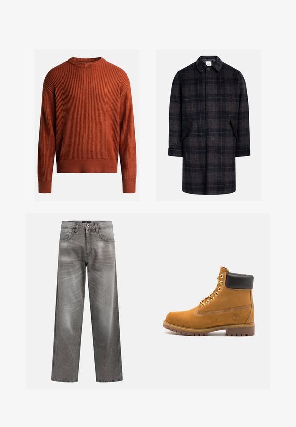 Schwarz-brauner Karo-Mantel mit kragenförmigem Hals, vorderem Knopfverschluss, zwei seitlichen Taschen und ärmellangen Ärmeln. Weicher, strukturierter Stoff.; Rippstrick-Pullover in verbranntem Orange mit Rundhalsausschnitt und langen Ärmeln. Weicher Stoff, lässige Passform und dezente Stretch-Details.; Grau melierte Jeans im weiten Schnitt mit einem verblassten Finish, klassischem Fünf-Taschen-Design und einem Metallknopfverschluss. Strukturierter Stoff mit dezenten Gebrauchsspuren.; Beige Wildleder-Ankle-Boot mit schwarzem gepolstertem Kragen, goldenen Metallösen, weißen Nähdetalben und einer robusten Gummisohle mit ausgeprägtem Profil.