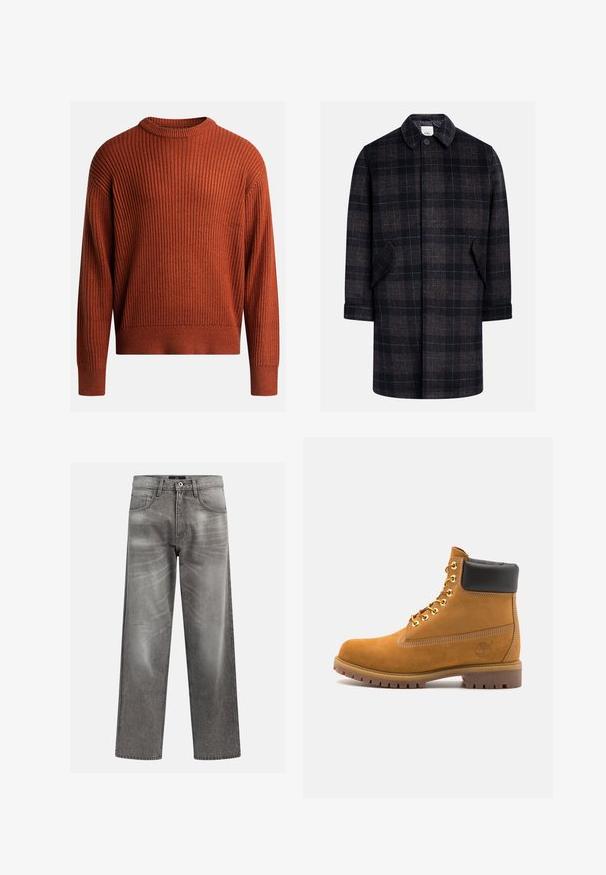 Black and brown plaid coat with a collared neck, front button closure, two side pockets, and elbow-length sleeves. Soft, textured fabric.; Ribbed knit pullover sweater in burnt orange with a round neck and long sleeves. Soft texture, relaxed fit, and subtle stretch detail.; Gray denim jeans with a loose fit, featuring whiskering and fading details, a classic five-pocket design, and a button closure.; Tan suede ankle boot with black padded collar, gold metal eyelets, white stitching detailing, and rugged rubber sole with pronounced treads.