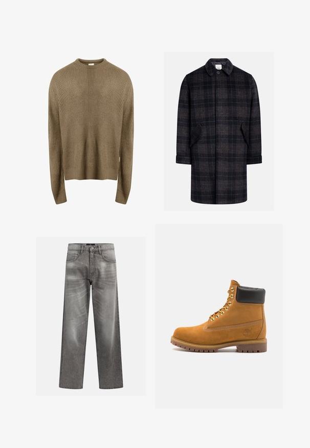 Cappotto a quadri nero e marrone con colletto, chiusura frontale con bottoni, due tasche laterali e maniche fino al gomito. Tessuto morbido e testurizzato.; Redefined Rebel MILTON BOXY FIT - Maglione - sand; Jeans in denim grigio a vestibilità ampia, con dettagli di whiskering e scoloritura, design classico a cinque tasche e chiusura con bottone.; Stivale alla caviglia in suede tan con collare imbottito nero, occhielli in metallo dorato, dettagli in cucitura bianca e suola in gomma robusta con battistrada pronunciato.