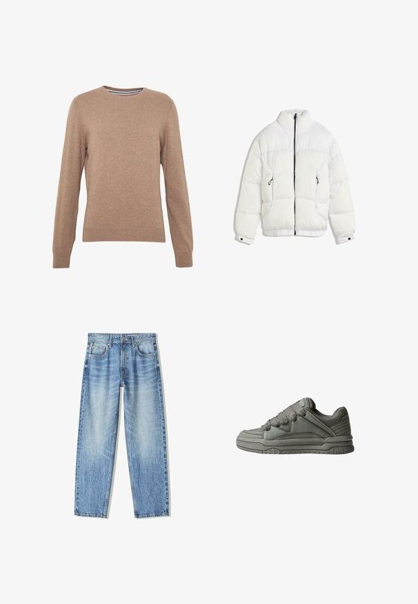 Giacca a vento bianca con colletto alto, zipper nera, design trapuntato e polsini elasticizzati. Presenta due tasche laterali e una texture morbida.; Maglione marrone realizzato in tessuto a maglia, con scollo rotondo e maniche lunghe. Polsini e orlo a coste, colore uniforme con una consistenza morbida.; Jeans in denim azzurro chiaro con vestibilità ampia, design a gamba dritta, cinque tasche e texture sbiadita. Comprendono una chiusura anteriore con bottone e zip.; Scarpa sportiva grigia con tomaia in pelle testurizzata e rete, suola in gomma spessa e linguetta e lati ben imbottiti. Includono lacci e dettagli laterali.