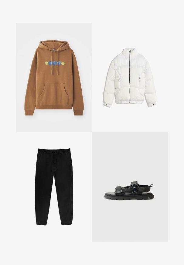 Bela pufer jakna z visokim ovratnikom, črnimi zadrgami, prešito zasnovo in elastičnimi manšeti. Ima dve stranski žepki in mehak material.; Rjava kapuca iz bombažne mešanice. Ima sprednji žep, kapuco na vrvico in barvit "KIDSUPER" grafični prikaz z cvetličnimi elementi.; Črne hlače z elastičnim pasom in vrvico, ožji nogi, stranskimi žepi in subtilnimi detajli šivanja na straneh. Mehka bombažna tekstura tkanine.; Črne sandale z zgornjim delom iz teksturirane tkanine, širokimi trakovi, podrobnostmi iz kovinske zaponke in debelim gumijastim podplatom z vzorcem čebeljih satov.
