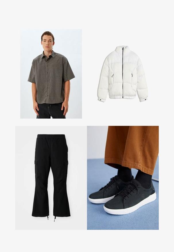 Valkoinen puffatakkia korkealla kauluksella, mustalla vetoketjulla, tikattu muotoilu ja joustavat hihansuut. Sisältää kaksi sivutaskua, pehmeä pinta.; Koton SHORT SLEEVE - Vapaa-ajan kauluspaita - black; Mustat cargo-housut, joissa on joustava vyötärö, sivutaskut ja leveät lahkeet, joissa on vetoketjut reunassa, esillä valkoista taustaa vasten.; Musta mokkanahkakengät valkoisilla kumipohjilla, joissa on nauhakiinnitys, teksturoituja yksityiskohtia ja huomaamatonta brändäystä, yhdistettynä ruskeisiin housuihin.