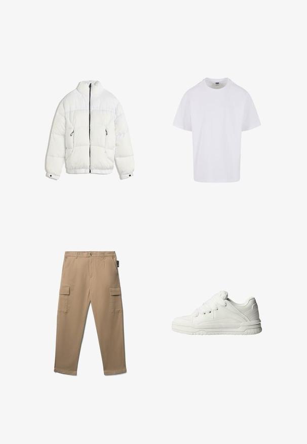 Weißer Pufferjacke mit hohem Kragen, schwarzem Reißverschluss, gestepptem Design und elastischen Bündchen. Verfügt über zwei Seitentaschen und eine weiche Textur.; Weißes Baumwoll-T-Shirt mit Rundhalsausschnitt, kurzen Ärmeln und geradem Saum. Der Stoff wirkt glatt und hat einen klassischen, lässigen Schnitt.; Beige Cargo-Hosen mit geradem Schnitt, mehreren Seiten- und Vordertaschen sowie einer glatten, strapazierfähigen Stofftextur.; Weiße Sneaker mit glattem Lederobermaterial, gepolstertem Zungenbereich, flachen Schnürsenkeln und strukturierten Akzenten an den Seiten und der Ferse.