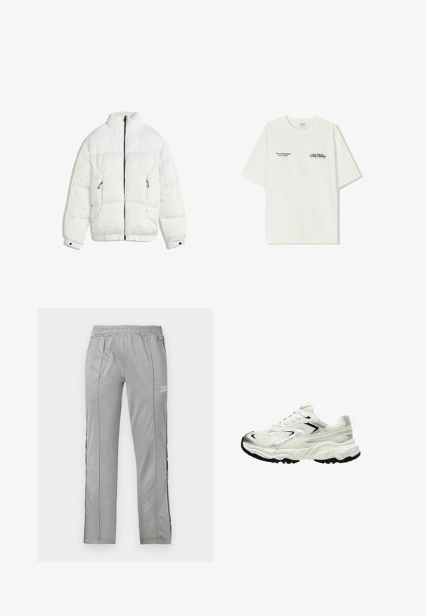 Vit puffjacka med hög krage, svart dragkedja, sytt mönster och elastiska ärmslut. Har två sidofickor och en mjuk yta.; Vit bomullströja med korta ärmar. Framsidan har svart text: "INTE IMORGON INTE IDAG" och "KONSTEN ATT FLYTTA JORD" i grön skrivstil.; Ljust grå Umbro sportbyxor med elastisk midja och svart-vita sidostripes, uppvisade mot en vit bakgrund.; Vit sneakers med ett mesh-övre, silverdetaljer, svart sula och texturerade paneler. Har snörningsdesign och rund tåform.