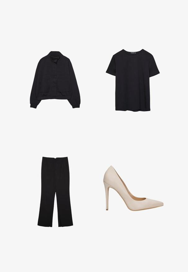 Giubbotto nero a maniche lunghe con colletto alla coreana, bottoni a scatto frontali, cintura elastica in vita, polsini a costine e due grandi tasche frontali.; T-shirt nera in cotone a maniche corte con collo a giro, esposta su uno sfondo bianco.; Pantaloni neri a gamba dritta, con tasche frontali e spacchi laterali all'orlo. Realizzati in tessuto morbido e liscio. Adatti a diverse occasioni.; Décolleté color beige realizzato in pelle liscia, con punta affusolata, tacco a stiletto e una scollatura bassa lungo i lati.