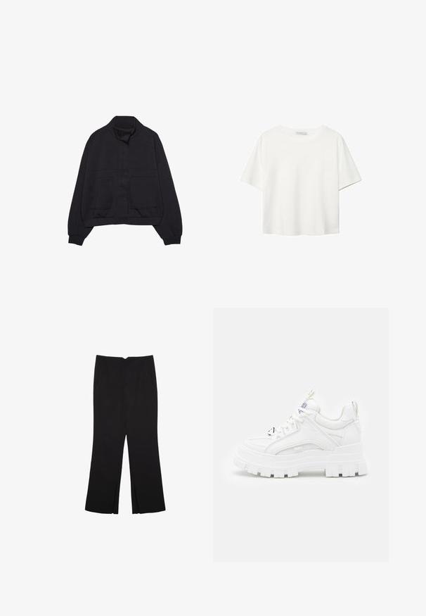 Czarna kurtka z długim rękawem i stójką, z przodu na zatrzaski, elastycznym paskiem w talii, ściągaczami przy mankietach oraz dwoma dużymi kieszeniami z przodu.; Biała koszulka z krótkim rękawem, wykonana z bawełny. Posiada okrągły dekolt i luźny krój. Gładka faktura bez widocznych wzorów czy akcentów.; Czarne spodnie o prostym kroju, z przednimi kieszeniami i bocznymi rozcięciami na dole. Wykonane z miękkiego, gładkiego materiału. Odpowiednie na różne okazje.; Białe, masywne sneakersy z teksturowaną cholewką, wyściełanym kołnierzem i grubą, rowkowaną podeszwą. Posiadają kontrastujące czarne sznurowadła i detal z logo.