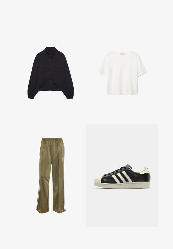 Crna jakna dugih rukava s uspravnim ovratnikom, prednjim pritiskivim gumbima, elastičnom trakicom u struku, rebrastim manžetama i dva velika prednja džepa.; Bijela majica kratkih rukava od pamuka. Ima okrugli izrez i opušteni kroj. Glatka tekstura bez vidljivih uzoraka ili naglasaka.; adidas Originals FIREBIRD LOOSE TRACK - Donji dijelovi trenirke - olive strata; Crni kožni tenisice s bijelim prugama, gumeni zaštitni vrh, crne vezice i bijela potplata boje krem. Glatka tekstura s sjajnim završetkom.