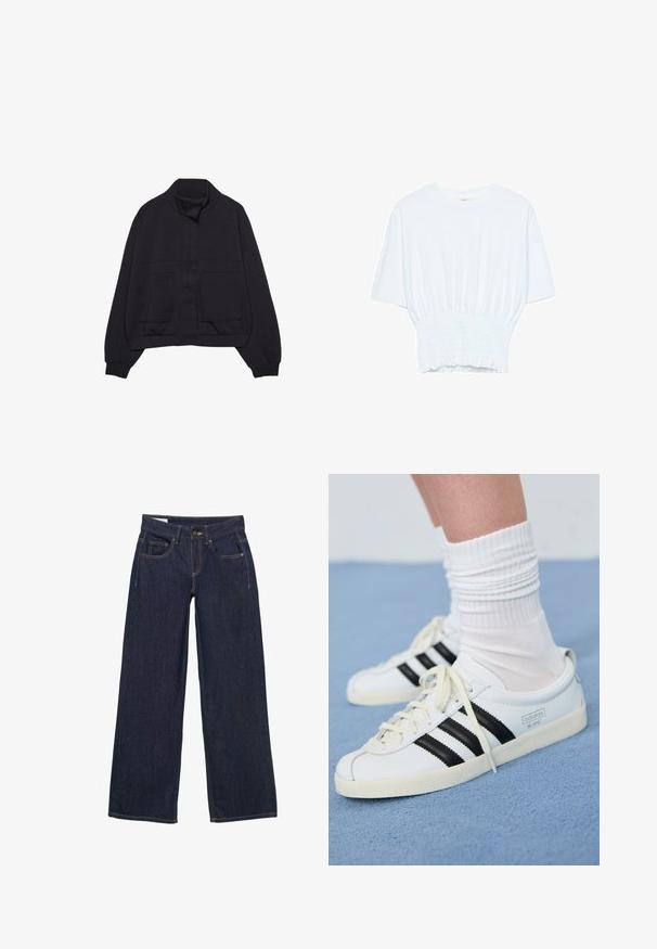 Černá dlouhá bunda s límcem, předními cvoky, elastickým pasem, žebrovanými manžetami a dvěma velkými předními kapsami.; Bílý tričko s krátkým rukávem, se volným střihem a nařasenou texturou v pase. Vyrobeno z měkkého, lehkého materiálu.; Tmavě modré široké džíny vyrobené z denimu, s knoflíkem a zipem, pěti kapsami a žlutými švy.; Bílé kožené tenisky s černými pruhy, krémovou podešví a světlými tkaničkami. Nosené s bílými žebrovanými ponožkami, umístěné na modrém pozadí.