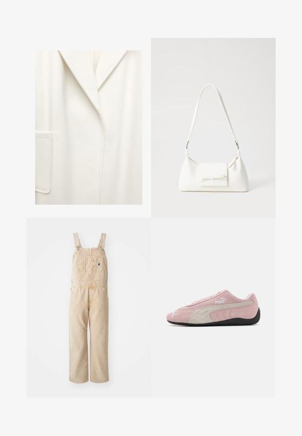 Vitt ullblandat kappor med stora slag, en bröstficka och rena linjer. Mjuk textur, medellång design, minimalistic estetik.; Vitt, ribbat polotröja med långa ärmar och figurnära silhuett. Mjuk textur med vikta ärmmuddar; kortare längd.; Beige överalls tillverkade av slitstarkt tyg, med justerbara axelremmar, en framficka och vida ben med en något urtvättad textur.; Rosa mockasiner i mocka med grå detaljer, strömlinjeformad design, texturerad ovandel och svart gummisula. Har Puma-logotyp på sidan.; Vit syntetisk handväska med triangulär form, platt framklaff och rosettdetalj, justerbar rem, slät textur och minimalistisk design.