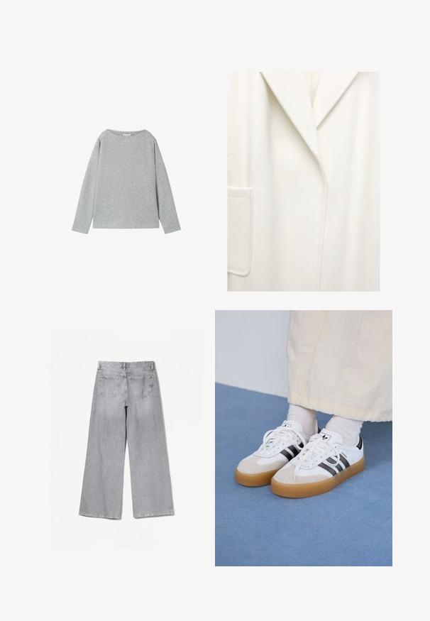 Bijeli kaput od vune s mješavinom, velikim reverima, jednim džepom na prsima i čistim linijama. Mekana tekstura, srednje dugi dizajn, minimalistička estetika.; Svijetlosiva pamučna dugih rukava, izrađena od rebrastog materijala. Ima široki izrez i opušteni kroj. Donji rub i manžetne su završeni jednostavnim šavom.; Bershka WIDE-LEG - Široke nogavice - grey; Bjele tenisice s crnim prugama i bež suknjom. Imaju teksturiranu gumu potplat i ravne bijele vezice, nošene uz svijetle čarape.