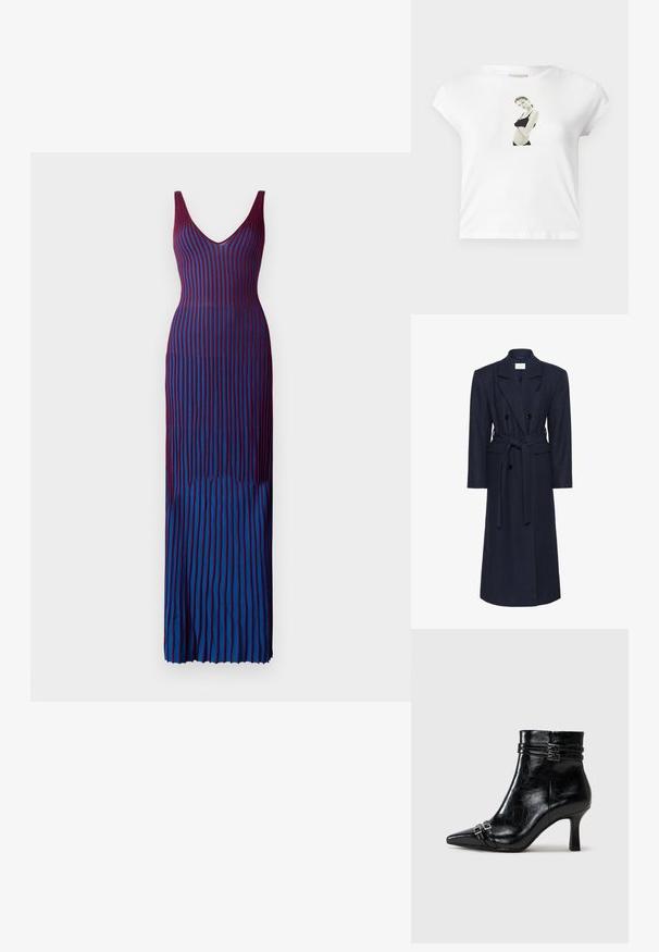 Dvigubos eilės mėlynos vilnos mišinio paltas, ilgos rankovės, savarankiško rišimo diržas, dvi priekinės kišenės, išpjovos apykaklė, tekstūruotas audinys.; Ilgas, kūną aptraukiantis suknelė su giliu V formos iškirpimu, papuošta vertikaliomis juostelėmis gradientinėse maroon ir mėlynos spalvos atspalviuose, pagaminta iš lygaus, elastingo audinio.; Balti medvilninė marškinėliai trumpomis rankovėmis, su juoda ir balta nuotrauka priekyje, vaizduojančia figūrą juodais drabužiais.; Tamaris Pleištapadžiai aulinukai - black