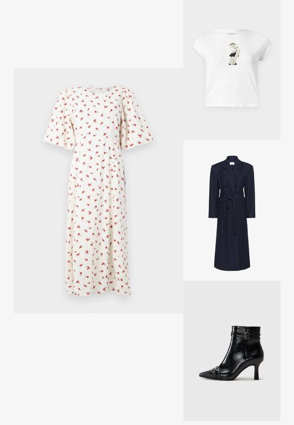 Doppelreihiger Wintermantel aus Navy-Wollmischung, lange Ärmel, selbstbindender Gürtel, zwei vordere Taschen, Reverskragen, strukturierter Stoff.; Weißes, blumiges Midi-Kleid mit kurzen Puffärmeln und roten Rosenmustern. Es hat einen runden Halsausschnitt mit einer Bindeschleife im Rücken. Weicher Stoff.; Weißes Baumwoll-T-Shirt mit kurzen Ärmeln, das auf der Vorderseite einen schwarz-weißen Fotodruck eines Körpers in schwarzer Kleidung zeigt.; Tamaris Keilstiefelette - black