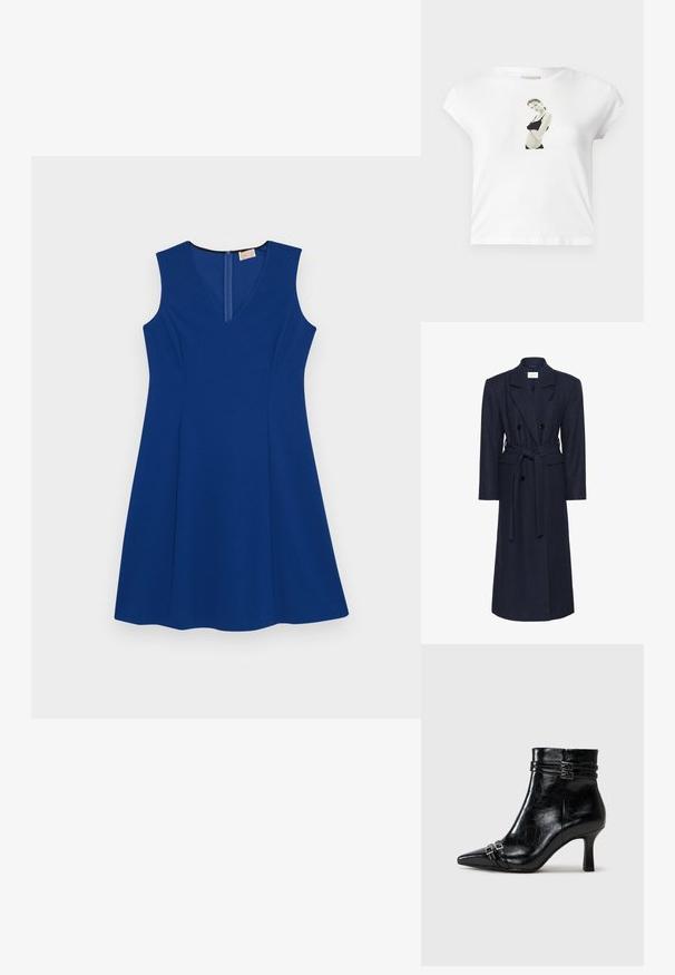 Dvojno zapenjanje, navy plašč iz volnene mešanice, dolgi rokavi, samostojni pas, dva sprednja žepa, ovratnik z zarezo, teksturirana tkanina.; Brezrokavni modri plašč s krojem v obliki črke V, narejen iz gladkega materiala. Ima skrit zadrgo na hrbtni strani in razširjen kroj krila za udobno gibanje.; Bela bomba t-shirt s kratkimi rokavi z natisnjeno črno-belo fotografijo na sprednji strani, ki prikazuje postavo v črnem oblačilu.; Tamaris Gležnjarji s polno peto - black