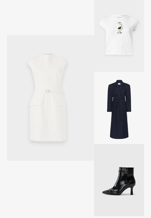 Cappotto doppiopetto in misto lana blu navy, maniche lunghe, cintura autoadesiva, due tasche frontali, colletto a risvolto, tessuto testurizzato.; Abito bianco senza maniche con collo alto, cinturino frontale, due tasche frontali e silhouette aderente. Realizzato in tessuto liscio e strutturato.; T-shirt bianco in cotone con maniche corte, caratterizzato da una stampa fotografica in bianco e nero sul davanti che ritrae una figura in un abbigliamento nero.; Tamaris Stivaletti con la zeppa - black
