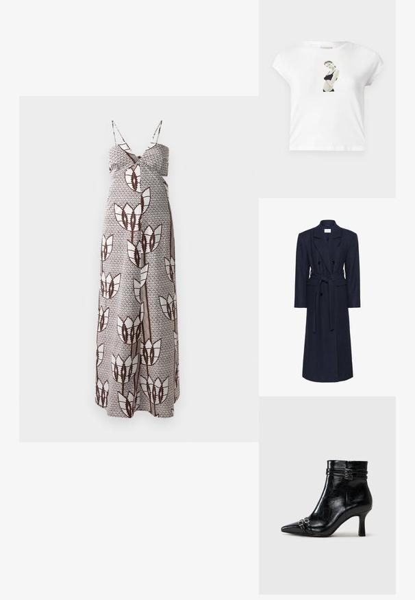 Dwurzędowy płaszcz z wełny w kolorze granatowym, długie rękawy, pasek do samodzielnego zawiązania, dwie przednie kieszenie, kołnierz z wycięciem, fakturowana tkanina.; Maxi sukienka z cienkimi ramiączkami, z brązowym i białym abstrakcyjnym wzorem kwiatowym na teksturowanej tkaninie. Elastyczna talia dla wygody.; Biała bawełniana koszulka z krótkim rękawem, z czarno-białym nadrukiem na przodzie przedstawiającym postać w czarnym stroju.; Tamaris - Botki na koturnie