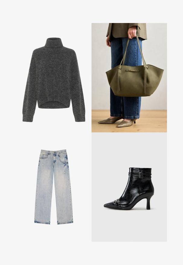 Cappotto doppiopetto in misto lana blu navy, maniche lunghe, cintura autoadesiva, due tasche frontali, colletto a risvolto, tessuto testurizzato.; Maglione dolce di colore grigio scuro, con collo a imbuto morbido e vestibilità rilassata, spalle scese. Texture morbida e orlo corto. Senza chiusure visibili.; Jeans in denim azzurro chiaro con design a gamba dritta, caratterizzati da dettagli strappati, cinque tasche e cuciture in evidenza.; Tamaris Stivaletti con la zeppa - black; Borsa a tracolla verde oliva con doppie maniglie, texture liscia e accento di logo metallico. Forma arrotondata con pannelli laterali; abbinata a pantaloni blu.