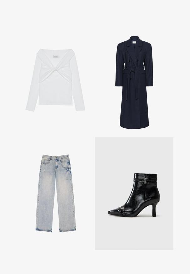 Double-breasted navy wool blend coat, long sleeves, self-tie belt, two front pockets, notched collar, textured fabric.; White ribbed long-sleeve top with a twisted front design, featuring a wide neckline and seamless edges. Brand label: Anna Field.; White cotton t-shirt with short sleeves featuring a black and white photograph print on the front of a figure in a black outfit.; Light blue denim jeans with a straight-leg design, featuring distressed accents, five pockets, and visible stitching details.; Tamaris Wedge Ankle Boots - black