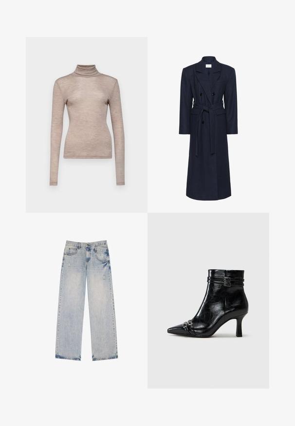 Doppelreihiger Wintermantel aus Navy-Wollmischung, lange Ärmel, selbstbindender Gürtel, zwei vordere Taschen, Reverskragen, strukturierter Stoff.; Langärmliges Turtleneck-Oberteil aus weichem, hellem Beigefarbenem Stoff. Figurbetontes Design mit glatter Textur und hohem Kragen.; Weißes Baumwoll-T-Shirt mit kurzen Ärmeln, das auf der Vorderseite einen schwarz-weißen Fotodruck eines Körpers in schwarzer Kleidung zeigt.; Helle blaue Jeans im Straight-Leg-Design mit abgetragenen Akzenten, fünf Taschen und sichtbaren Nähdetails.; Tamaris Keilstiefelette - black