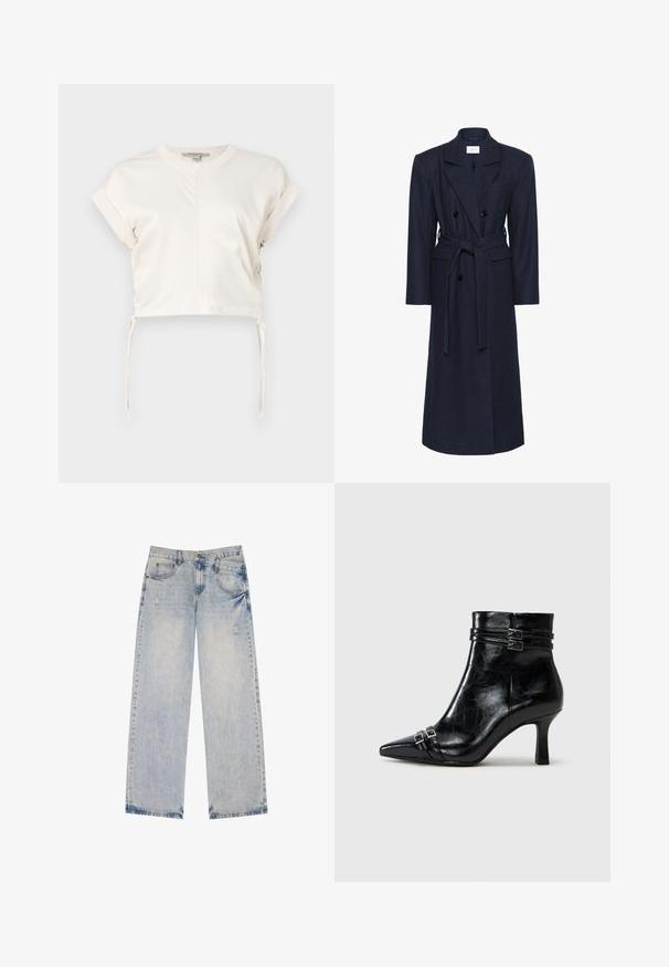 Kaksirivinen tummansininen villasekoitteen takki, pitkät hihat, itsesolmittava vyö, kaksi etutaskua, läpällinen kaulus, teksturoitu materiaali.; Kermakaksoisen toppi, joka on valmistettu sileästä kankaasta. Siinä on pyöreä pääntie, lyhyet hihat ja säädettävät sivusiteet. Yksinkertainen, selkeä muotoilu.; Valkoinen puuvillapaita lyhyillä hihoilla, jossa edessä on mustavalkoinen valokuvaprintti mustassa asussa olevan hahmon päällä.; Vaaleansininen farkut suoran lahkeen muotoilulla, joissa on kulutettuja yksityiskohtia, viisi taskua ja näkyviä pistostikkeitä.; Tamaris Kiilakorkonilkkurit - black