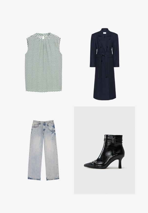 Manteau en laine mélangée bleu marine à double boutonnage, manches longues, ceinture à nouer, deux poches avant, col cranté, tissu texturé.; Blouse sans manches en vert clair et noir, avec un motif en grille, un col rond et une ouverture en forme de clé au dos. Tissu texturé.; Jean en denim bleu clair avec une coupe droite, présentant des accents distressed, cinq poches et des détails de couture visibles.; Tamaris Bottines compensées - black