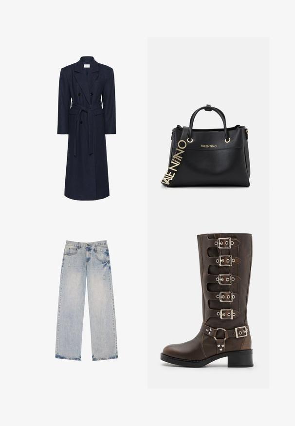 Manteau en laine mélangée bleu marine à double boutonnage, manches longues, ceinture à nouer, deux poches avant, col cranté, tissu texturé.; T-shirt en coton noir avec des manches courtes et des épaules dégagées, col rond et coupe décontractée. Texture lisse sans motifs ni accents visibles.; Jean en denim bleu clair avec une coupe droite, présentant des accents distressed, cinq poches et des détails de couture visibles.; Steve Madden BATTLE - Bottes de cowboy / motard - brown; Sac à main en cuir noir avec quincaillerie dorée, présentant deux poignées supérieures et une bandoulière décorative avec logo. Surface texturée et design structuré.