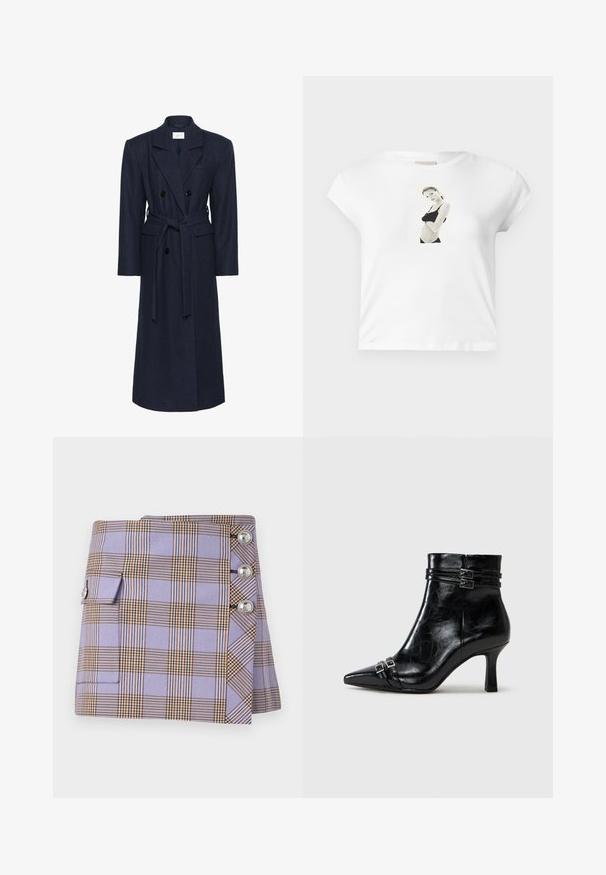 Kétsoros sötétkék gyapjú keverék kabát, hosszú ujjak, önkötős öv, két elülső zseb, dolmány gallér, texturált anyag.; Fehér pamut póló rövid ujjakkal, az elején fekete-fehér fényképnyomattal egy sötét ruházatú alakról.; Rabanne Miniszoknya - purple/orange/cream/blue; Tamaris Telitalpú bokacsizmák - black