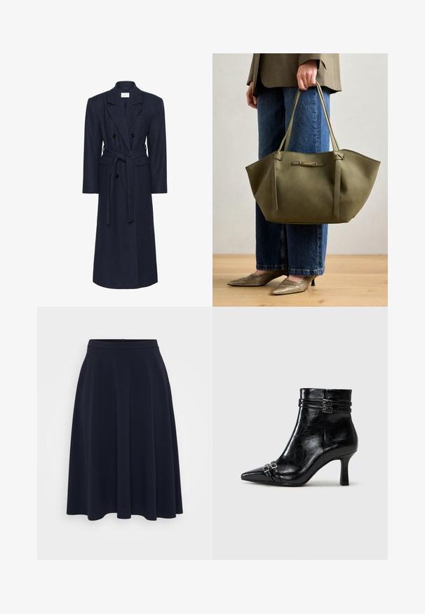 Dvigubos eilės mėlynos vilnos mišinio paltas, ilgos rankovės, savarankiško rišimo diržas, dvi priekinės kišenės, išpjovos apykaklė, tekstūruotas audinys.; Balti medvilninė marškinėliai trumpomis rankovėmis, su juoda ir balta nuotrauka priekyje, vaizduojančia figūrą juodais drabužiais.; Persona by Marina Rinaldi GETTI - Trapecinis sijonas - midnight blue; Tamaris Pleištapadžiai aulinukai - black; Olivinė pervežimo kuprinė su dviem rankenomis, lygiu paviršiumi ir metaliniu logotipo akcentu. Apvalios formos su šoniniais paneliais; derinama su mėlynomis kelnėmis.