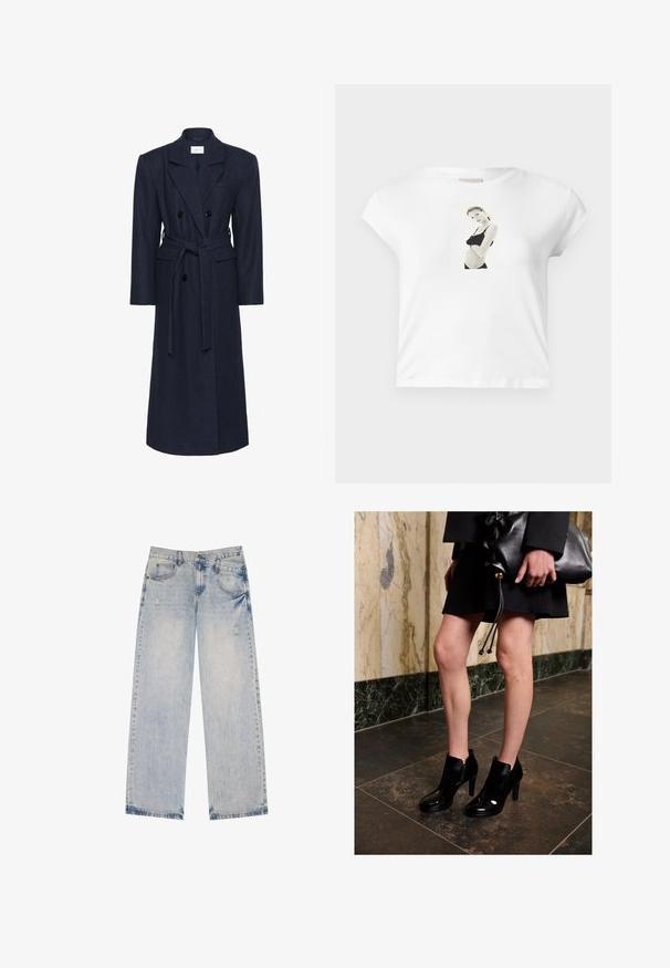 Kaksirivinen tummansininen villasekoitteen takki, pitkät hihat, itsesolmittava vyö, kaksi etutaskua, läpällinen kaulus, teksturoitu materiaali.; Valkoinen puuvillapaita lyhyillä hihoilla, jossa edessä on mustavalkoinen valokuvaprintti mustassa asussa olevan hahmon päällä.; Vaaleansininen farkut suoran lahkeen muotoilulla, joissa on kulutettuja yksityiskohtia, viisi taskua ja näkyviä pistostikkeitä.; Nainen, joka on pukeutunut mustiin nilkkureihin ja mustaan hameeseen, pitää käsissään suurta mustaa nahkalaukku, seisoen tummalla laatattulla lattialla marmorialla.