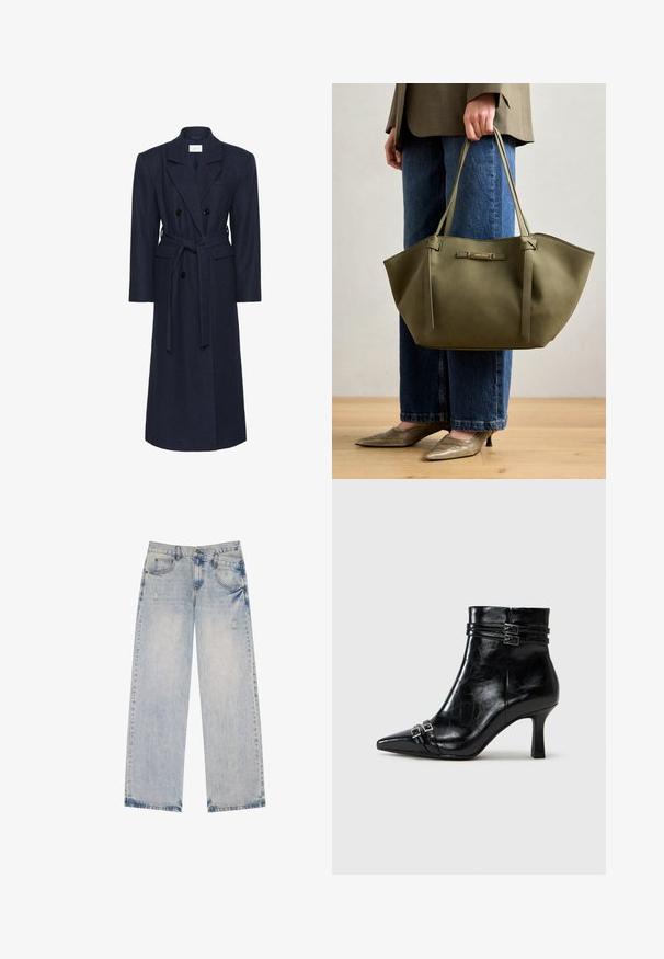 Dvojitě zapínaný kabát z námořnického vlněného směsového materiálu, dlouhé rukávy, pás na stažení, dvě přední kapsy, klopový límec, texturovaná tkanina.; Bílá bavlněná tričko s krátkým rukávem, na přední straně s černobílou fotografií postavy v černém oblečení.; Světlé modré džínové kalhoty se střihem rovného nohavice, s prvky opotřebení, pěti kapsami a viditelnými švy.; Tamaris Kotníkové boty na klínu - black; Olivově zelená taška přes rameno s dvojitými ušima, hladkým povrchem a kovovým logem. Zaoblený tvar se bočními panely; v kombinaci s modrými kalhotami.