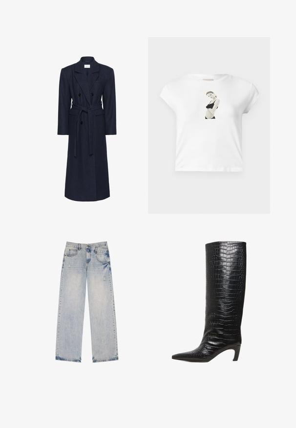 Kaksirivinen tummansininen villasekoitteen takki, pitkät hihat, itsesolmittava vyö, kaksi etutaskua, läpällinen kaulus, teksturoitu materiaali.; Valkoinen puuvillapaita lyhyillä hihoilla, jossa edessä on mustavalkoinen valokuvaprintti mustassa asussa olevan hahmon päällä.; Vaaleansininen farkut suoran lahkeen muotoilulla, joissa on kulutettuja yksityiskohtia, viisi taskua ja näkyviä pistostikkeitä.; Musta polven korkeudelle ulottuva saappi, jossa on terävä kärki, keskikorkea kaareva korko ja kiiltävä krokotiilinjälkeä imitoiva nahkapinta.