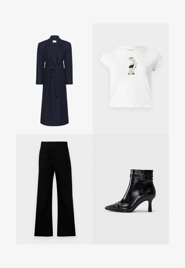 Dvigubos eilės mėlynos vilnos mišinio paltas, ilgos rankovės, savarankiško rišimo diržas, dvi priekinės kišenės, išpjovos apykaklė, tekstūruotas audinys.; Balti medvilninė marškinėliai trumpomis rankovėmis, su juoda ir balta nuotrauka priekyje, vaizduojančia figūrą juodais drabužiais.; Juodi plačios kojos kelnės, pagamintos iš lygios medžiagos, su aukšta juosmens linija, turinčios mygtukų užsegimą ir diržų kilpas, užtikrinančios struktūrizuotą prigludimą.; Tamaris Pleištapadžiai aulinukai - black