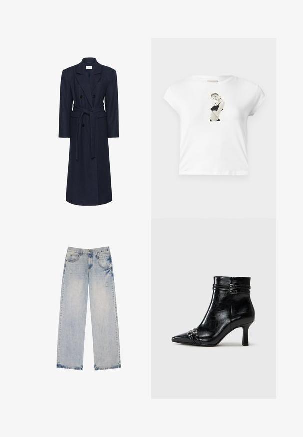 Dvojitě zapínaný kabát z námořnického vlněného směsového materiálu, dlouhé rukávy, pás na stažení, dvě přední kapsy, klopový límec, texturovaná tkanina.; Bílá bavlněná tričko s krátkým rukávem, na přední straně s černobílou fotografií postavy v černém oblečení.; Světlé modré džínové kalhoty se střihem rovného nohavice, s prvky opotřebení, pěti kapsami a viditelnými švy.; Tamaris Kotníkové boty na klínu - black