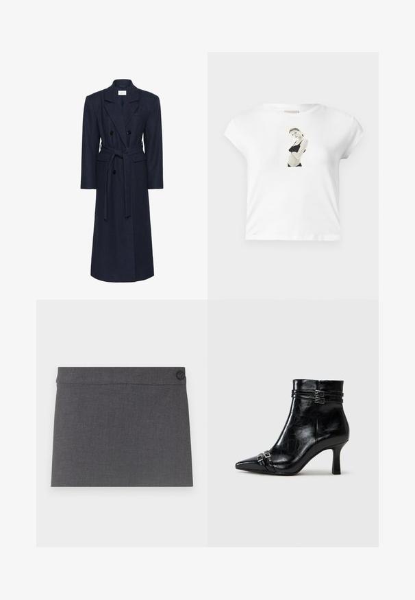 Dubbelknäppt navy ullblandad kappa, långa ärmar, självknutande bälte, två framfickor, slagkrage, texturerad tyg.; Vit bomullströja med korta ärmar som har en svart och vit fototryck på framsidan av en figur i en svart outfit.; Grå tygkjol med en slät textur, rak design och en svart knapp på midjan, med en ren och enkel estetik.; Tamaris Stövletter med kilklack - black
