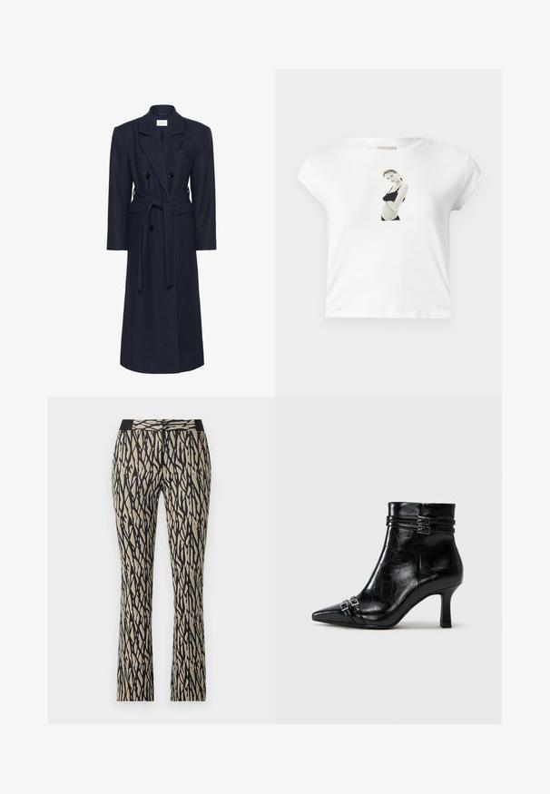 Abrigo de mezcla de lana azul marino de doble botonadura, mangas largas, cinturón con lazo propio, dos bolsillos frontales, cuello con muesca, tejido texturizado.; Camiseta de algodón blanca con mangas cortas que presenta una impresión fotográfica en blanco y negro en la parte frontal de una figura con un atuendo negro.; Pantalones de color negro y beig con un diseño estampado, con una cinturilla ajustada, que presentan un diseño de rayas abstracto, confeccionados en una suave y elástica tela.; Tamaris Botines de cuña - black