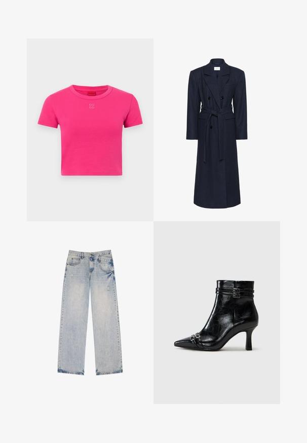 Double-breasted navy wool blend coat, long sleeves, self-tie belt, two front pockets, notched collar, textured fabric.; Fitted, short-sleeve t-shirt in vivid pink cotton. Features a round neckline and subtle white "HUGO" logo embroidered on the front.; Light blue denim jeans with a straight-leg design, featuring distressed accents, five pockets, and visible stitching details.; Tamaris Wedge Ankle Boots - black