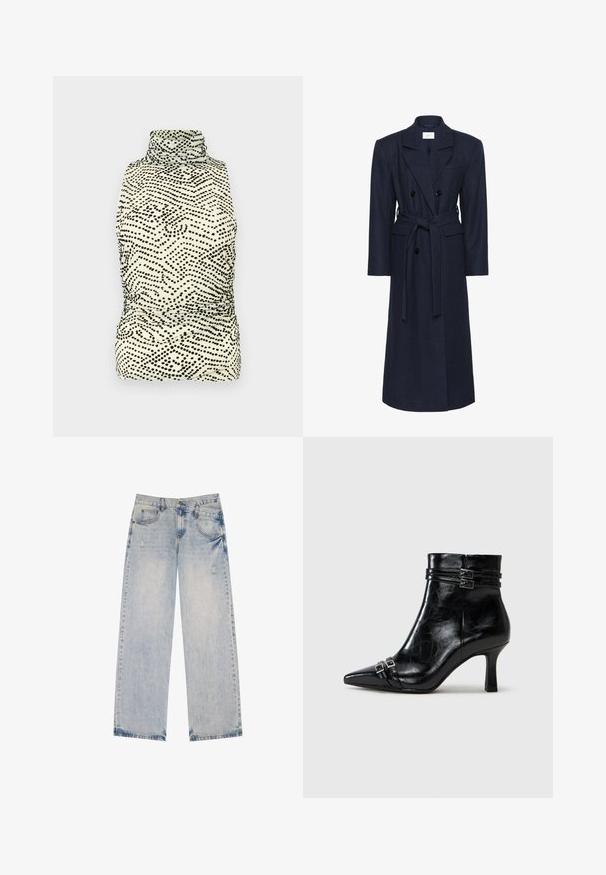 Double-breasted navy wool blend coat, long sleeves, self-tie belt, two front pockets, notched collar, textured fabric.; Fitted sleeveless top with a high neck, featuring a cream base and black dotted wave pattern; made from smooth, stretchy fabric.; Light blue denim jeans with a straight-leg design, featuring distressed accents, five pockets, and visible stitching details.; Tamaris Wedge Ankle Boots - black