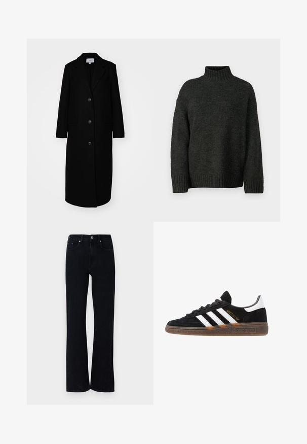 Abrigo largo de lana negra con solapa muescada, cinco botones, dos bolsillos frontales y una silueta recta, con una textura suave y un diseño minimalista.; Vero Moda Tall VMMADDIE HIGHNECK PULL - Jersey de punto - dark grey melange; Jeans de mezclilla negra con un diseño de pierna acampanada. Presentan dos bolsillos frontales, un pequeño detalle azul y un cierre de botón estándar.; Zapatilla negra de Adidas con franjas blancas, texto dorado "Spezial", suela de goma y talón blanco, mostrada en vista lateral.