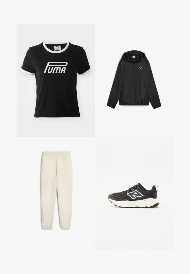 Czarna kurtka przeciwdeszczowa wykonana z lekkiego materiału. Posiada kaptur, zamek błyskawiczny z przodu oraz białe logo Puma na klatce piersiowej. Dwie boczne kieszenie.; Czarna bawełniana koszulka z białymi wykończeniami przy kołnierzyku i rękawach. Z przodu znajduje się duże białe logo Pumy. Klasyczny fason.; Jasnobeżowe dresy wykonane z miękkiego materiału, z elastyczną talią, zwężanymi dołem nogawkami i małym białym logo z boku.; Czarne buty sportowe z teksturowaną cholewką, kontrastującą białą podeszwą środkową oraz wyraźnym szarym logo po boku. Gumowa podeszwa z bieżnikiem.