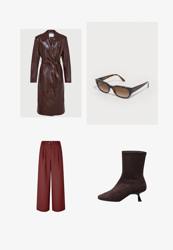 Langer, dunkelbrauner, glänzender Ledertrenchcoat mit breiten Revers, langen Ärmeln, Knopfschluss und passendem Gürtel, der in der Taille gebunden ist.; Burgunderfarbener Strickrollkragenpullover mit gerippten Bündchen und Saum, der einen hohen Kragen und einen asymmetrischen unteren Rand für zusätzlichen Textur bietet.; Weit geschnittene Hosen in einem kräftigen Burgunderrot, aus glattem Stoff gefertigt. Verfügt über einen Bund, vordere Falten und einen einzelnen Knopfverschluss.; Braune Wildleder-Ankle-Boots mit spitzem Zehenbereich und einem ausgestellten, niedrigen Absatz. Glatte Textur mit einem enganliegenden Schaft und ohne sichtbare Beschläge oder Akzente.; Schildpatt-Sonnenbrille mit braunen Verlaufsgläsern, kantigen Rahmen und "vogue"-Logo an den Scharnieren. Glatte Textur, modernes Design.; Braune Ledertasche mit glatter Textur, geräumigem Design und geschwungenem Griff, mit einem dezenten Logo-Detail auf der Vorderseite.