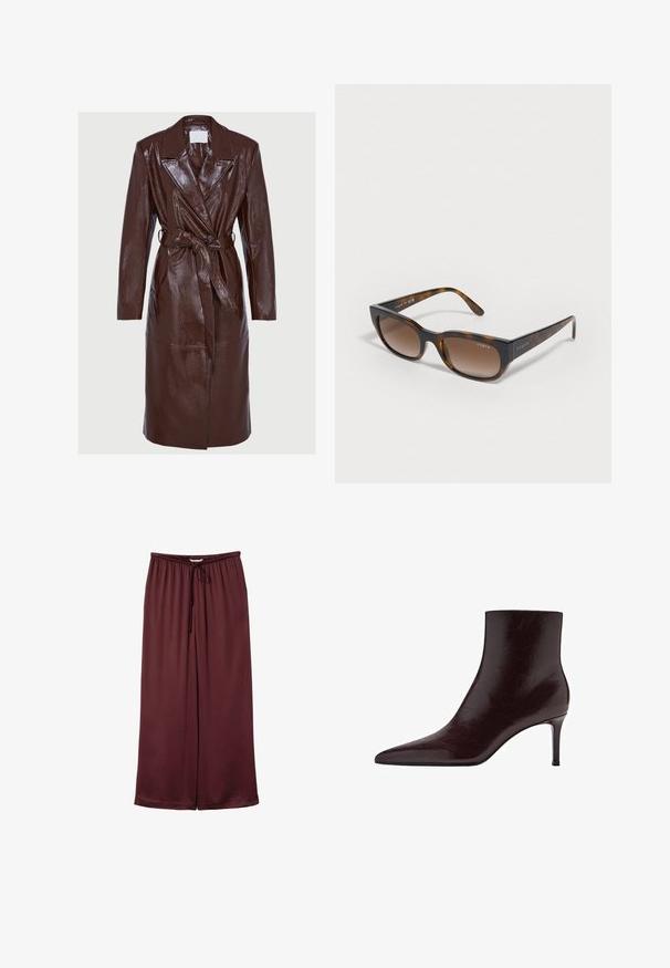 Long dark brown shiny leather trench coat with wide lapels, long sleeves, button closure, and matching belt tied at the waist.; Burgundy knit turtleneck sweater with ribbed cuffs and hem, featuring a high collar and an asymmetrical bottom edge for added texture.; Burgundy wide-leg trousers in a smooth satin fabric with an elastic waistband and adjustable drawstring. Finished with a straight hem.; Burgundy leather ankle boot with a pointed toe, sleek design, and a high stiletto heel. Smooth texture with subtle grain detailing.; Tortoiseshell sunglasses with brown gradient lenses, angular frames, and "vogue" logo on the temples. Smooth texture, modern design.; Brown leather tote bag with a smooth texture, spacious design, and a curved handle, featuring a subtle logo detail on the front.; Square stud earrings featuring a deep burgundy center with a gold-tone, textured frame. Smooth surface with rounded edges.