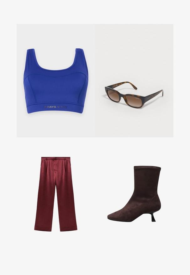 Langer, dunkelbrauner, glänzender Ledertrenchcoat mit breiten Revers, langen Ärmeln, Knopfschluss und passendem Gürtel, der in der Taille gebunden ist.; Blauer Sport-BH aus elastischem Material. Mit Rundhalsausschnitt, breiten Trägern und einem niedrigen Elastikbund mit silberner "7 DAYS ACTIVE"-Aufschrift.; Burgunderfarbene weit geschnittene Satin-Hosen mit glatter Textur, hohem Bund und zwei seitlichen Taschen für zusätzlichen Funktionalität.; Braune Wildleder-Ankle-Boots mit spitzem Zehenbereich und einem ausgestellten, niedrigen Absatz. Glatte Textur mit einem enganliegenden Schaft und ohne sichtbare Beschläge oder Akzente.; Schildpatt-Sonnenbrille mit braunen Verlaufsgläsern, kantigen Rahmen und "vogue"-Logo an den Scharnieren. Glatte Textur, modernes Design.; Braune Ledertasche mit glatter Textur, geräumigem Design und geschwungenem Griff, mit einem dezenten Logo-Detail auf der Vorderseite.