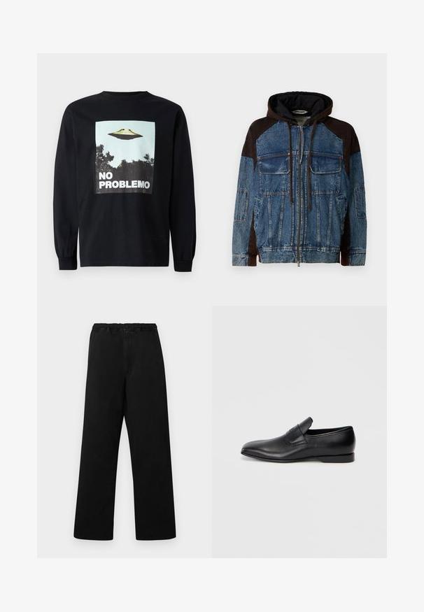 Džínová bunda s tmavě hnědou kapucí, velkými předními kapsami, zapínáním na zip, kontrastními hnědými rukávy a texturovaným vzorem.; Černé tričko s dlouhým rukávem, které zobrazuje grafiku létajícího talíře nad stromy a text "NO PROBLEMO" tučnými bílými písmeny.; Černé kalhoty vyrobené z hladké tkaniny s volným střihem. Mají elastický pas se zapínáním na knoflík a rovné nohavice.; Černá kožená slip-on obuv s špičatou špičkou, hladkou texturou a jemným logem na boku. Nízký podpatek s čistým, minimalistickým designem.
