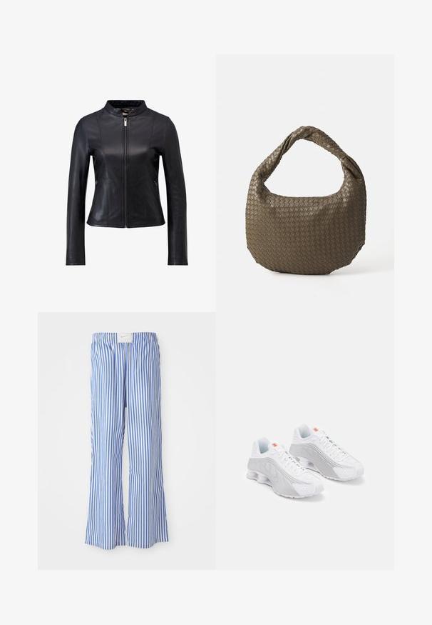 Black leather jacket with a high collar, fitted design, horizontal seams, and two zippered side pockets. Smooth texture and streamlined silhouette.; Long-sleeve polo shirt in navy and white stripes, cotton fabric, with a collar, three-button placket, and a small embroidered logo on the chest.; Blue and white striped trousers with a relaxed fit, made of lightweight fabric, featuring an elastic waistband and a subtle logo tag.; White running shoes with grey accents, featuring a textured upper, perforations for ventilation, and segmented heel for cushioning.; Woven olive green handbag with a rounded shape and a twisted handle. Textured surface features a diagonal pattern. Zipper closure.